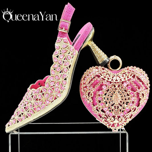 Fashion Design Heart Shape Three-Dimensional Hard Bag and Sexy Stiletto Shoes Shiny Rhinestones