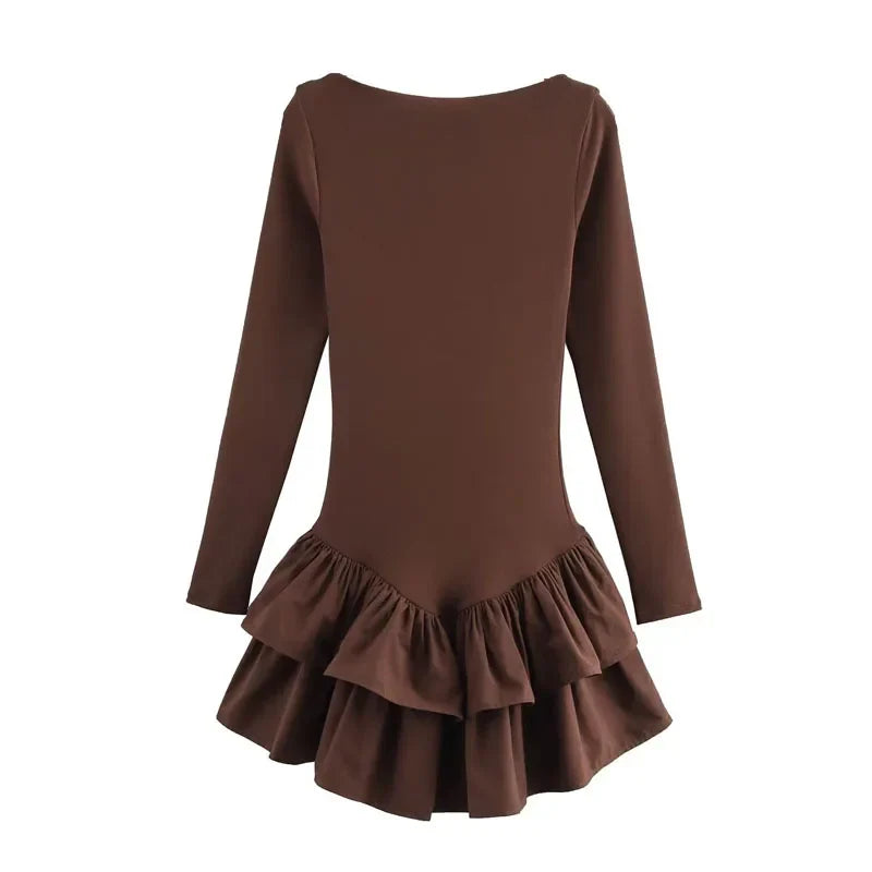 Womens Dresses Ruffled Corset Dress Summer 2025 Red Brown Black Dress O-Neck Long Sleeve Dresses Layered Party Vestidos 066
