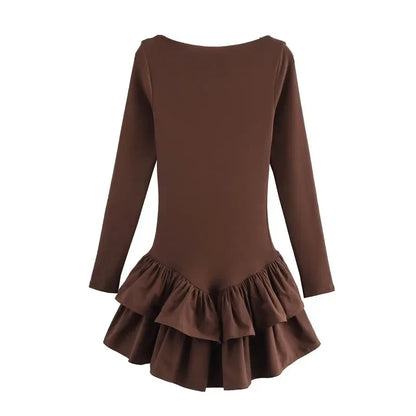 Womens Dresses Ruffled Corset Dress Summer 2025 Red Brown Black Dress O-Neck Long Sleeve Dresses Layered Party Vestidos 066