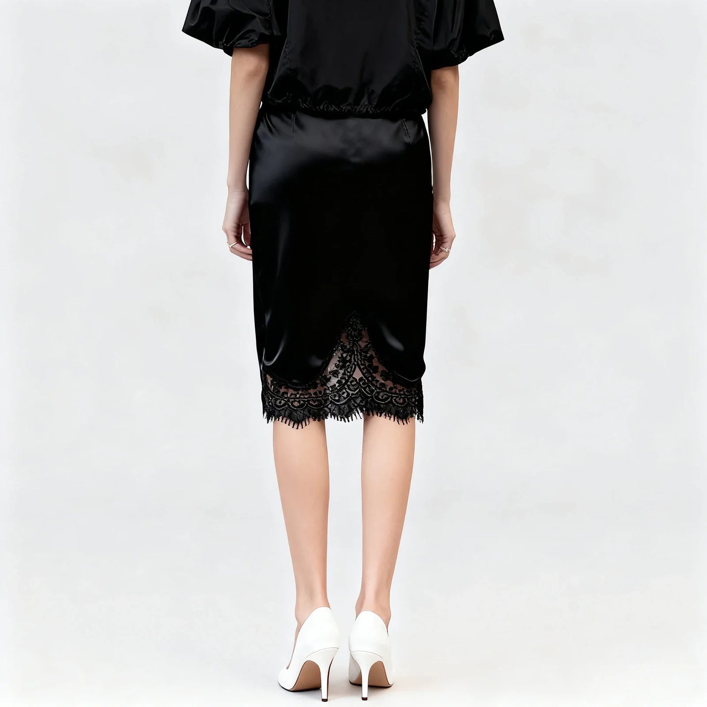 Women Satin Half Slip Skirts Lace Trim Elastic Waist Midi Skirt Elegant Silky Bodycon Knee Length Underskirts