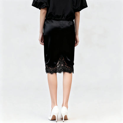 Women Satin Half Slip Skirts Lace Trim Elastic Waist Midi Skirt Elegant Silky Bodycon Knee Length Underskirts