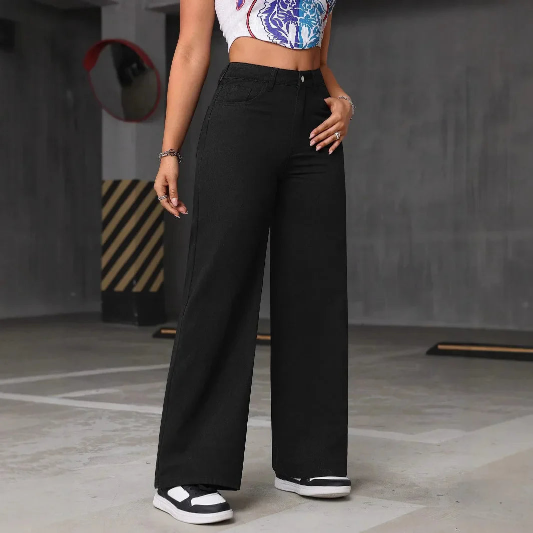 Jeans Wide Leg Pants Women Streetwear High Waist Washed Distressed Floor Length Straight Trousers Vintage 2025 Basics Denims