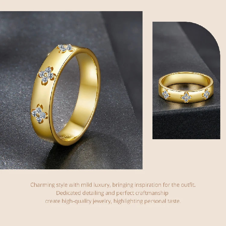 925 Sterling Silver Lucky Clover Moissanite Ring, Gold Plated D Color Round Cut Wide Band Ring for Women Wedding Gift
