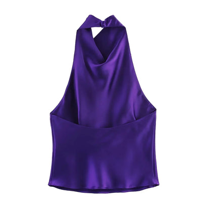 Sexy Chic Butter Yellow Satin Tops Women Halter Backless Beach Holiday Party Top Fashion 2025 New Year Evening Satin Top