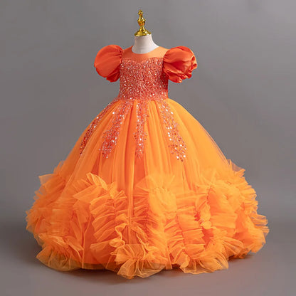 Vestidos elegantes para meninas, vestidos de verão para casamento, vestidos de lantejoulas com saia bufante de rede, vestidos de festa de aniversário para crianças de 4 a 12 anos.