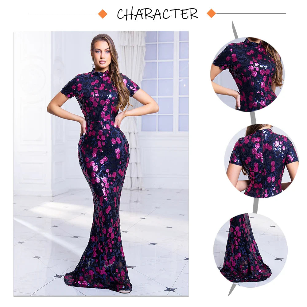 O Neck Short Sleeve Graduation Dresses Flowers Sequined Long Bodycon Stretchy Women Evening Dress Summer 2025