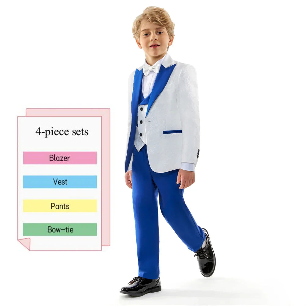 2026 Boys' White Tuxedo 3 Piece Blue Shawl Collar White Bow tie Vest & Slim Fit Formal Flower Boy Suits for Birthday