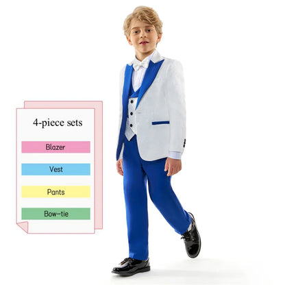 2026 Boys' White Tuxedo 3 Piece Blue Shawl Collar White Bow tie Vest & Slim Fit Formal Flower Boy Suits for Birthday