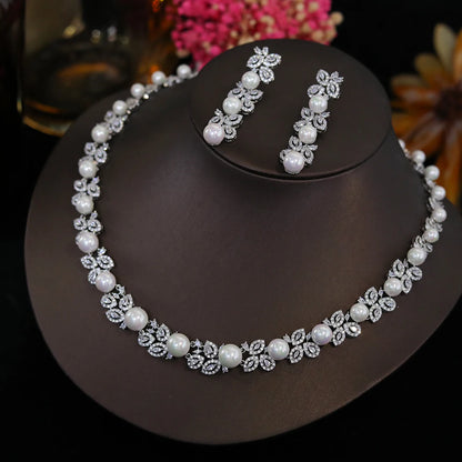 Elegant Shiny Cubic Zirconia Big Pearl Necklace Bridesmaid Gift Luxury Bridal Wedding Banquet Jewelry Set for Women Accessories