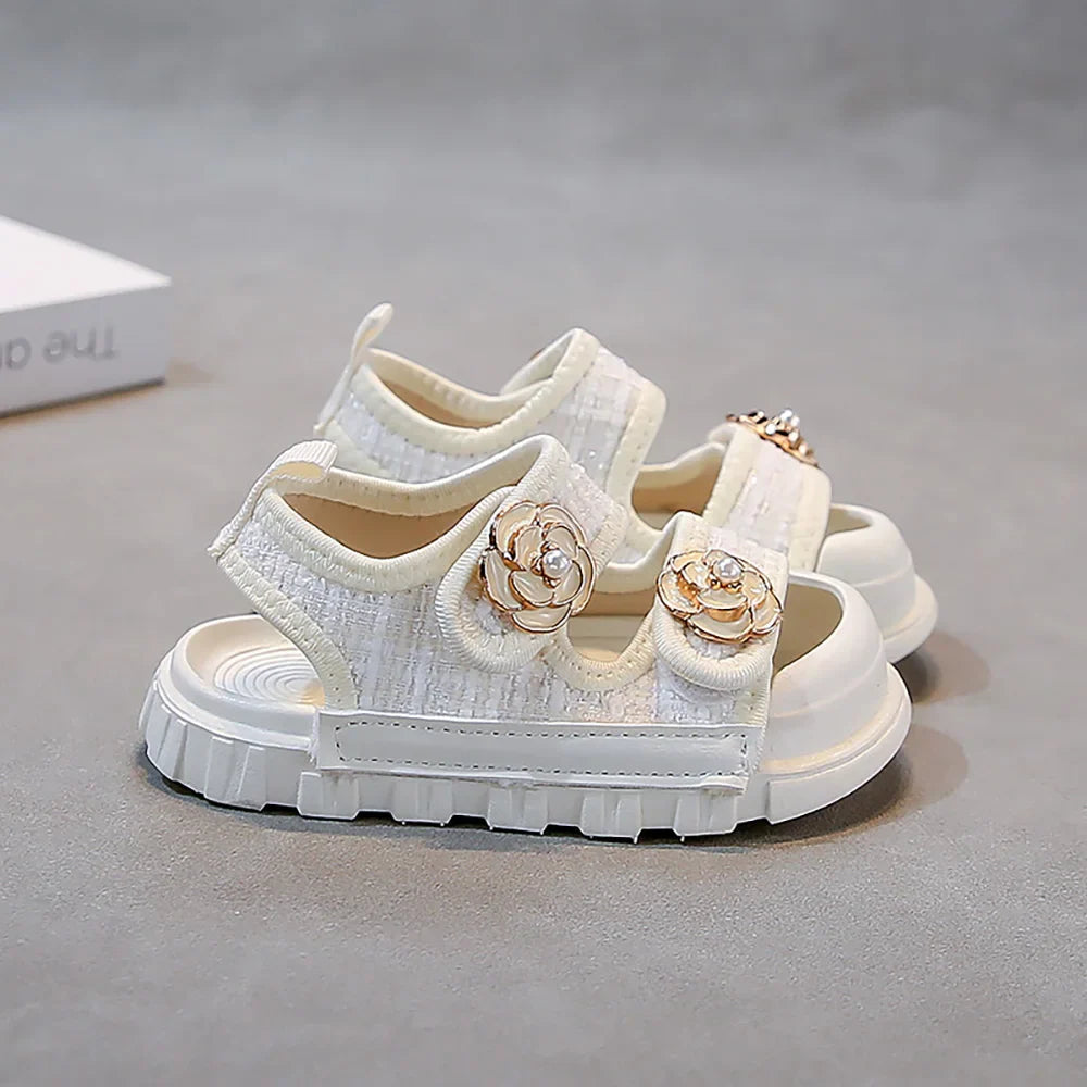 Korean Style Summer Sandals For Girls Luxury Pearl Flower Children's Beach Shoes Ergonomics Soft-soled Kid's Girl's Sandals