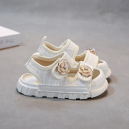 Korean Style Summer Sandals For Girls Luxury Pearl Flower Children's Beach Shoes Ergonomics Soft-soled Kid's Girl's Sandals