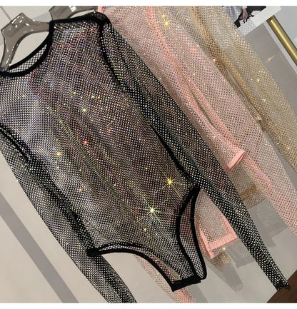 Women's Shiny Rhinestone Fishnet See-Through Bodysuit Mesh Fashion Sexy Bodysuit
