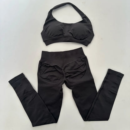 Yoga Legging Sets for Women Seamless Yoga Set Scrunch Butt Legging Set Workout Gym Suit with Halter Crop Top