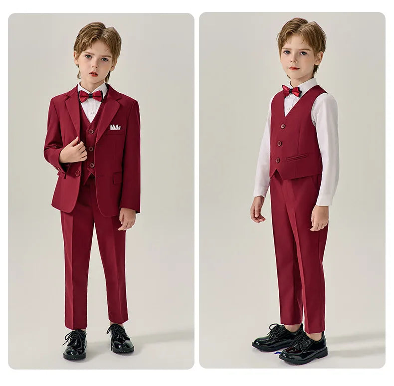 Boys Dark Green Jakcet Vest Pants Bowtie Evening Party Dress Children Wedding Photograph Suit Kids Ceremony Performance Costume