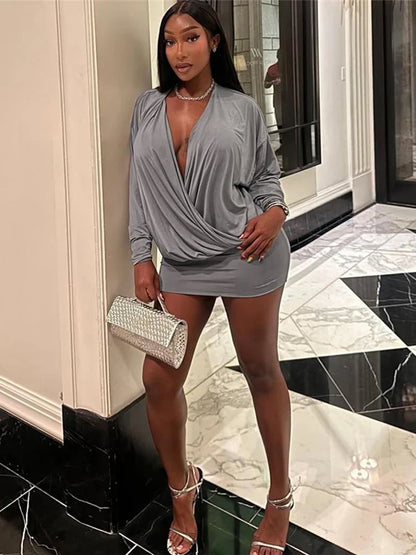 Cross Deep V-Neck Dress Women Full Sleeve Stretch Solid Midnight Street Clubwear Party Autumn Trend Elegant Mini Bodycon