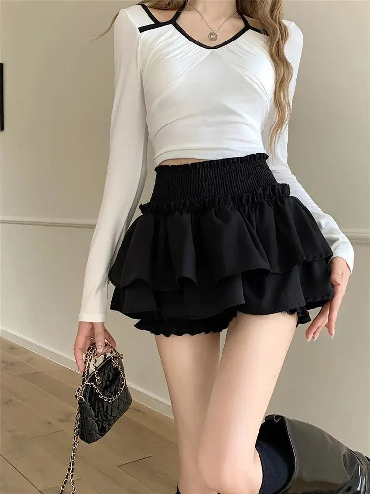 Korean Fashion Mini Skirt Women Elastic High Waist Ruffle Layered Balletcore Sexy Cute Lolita Y2K Short Skirt
