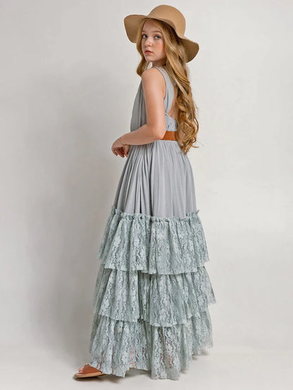 Princess Girls Lace Bohemia Long Dresses Baby Kids Flower Wedding Party Dress Cotton Lining Vestidos Costume Children Clothing