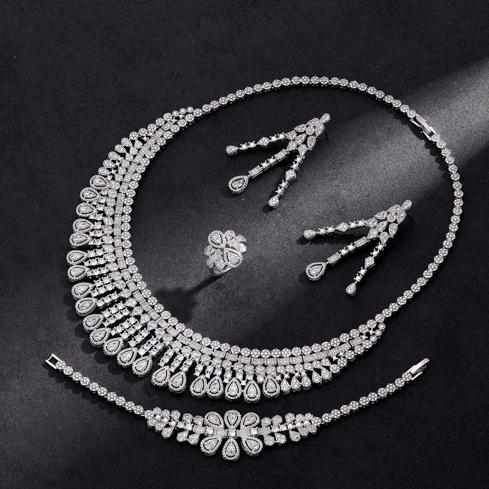 Luxury 4 Pieces Bridal Wedding Jewelry Set for Women Sparkling Cubic Zirconia Nigeria Bride Accessories