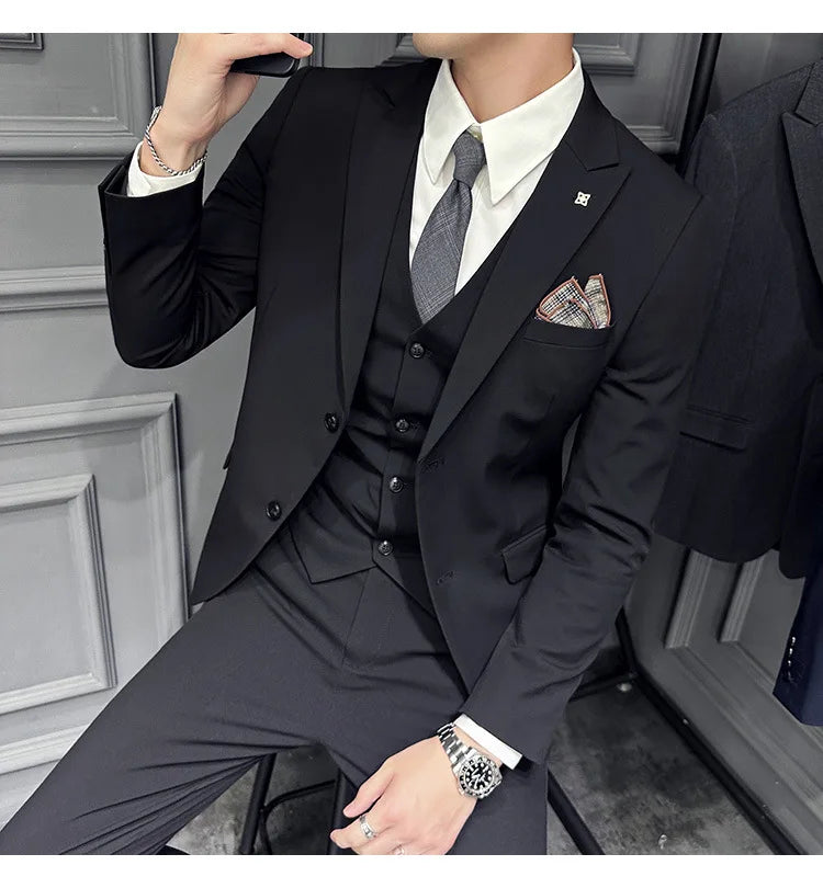 Slim Fit Men's Three Piece Suit Thin Single Button Notch Lapel Casual Fashion Cotton Blend Spring Autumn Wear for Youth