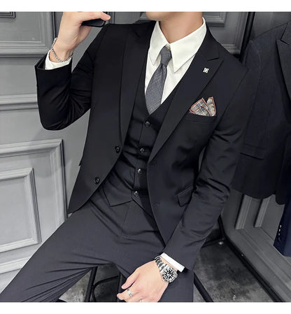 Slim Fit Men's Three Piece Suit Thin Single Button Notch Lapel Casual Fashion Cotton Blend Spring Autumn Wear for Youth