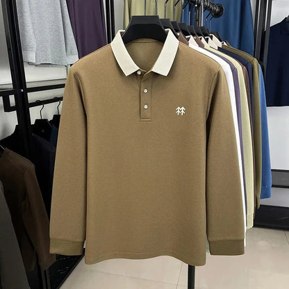 Fashion luxury brand long sleeve polo shirt men's autumn new trend badge embossed design Korean casual silk cotton lapel T-shirt