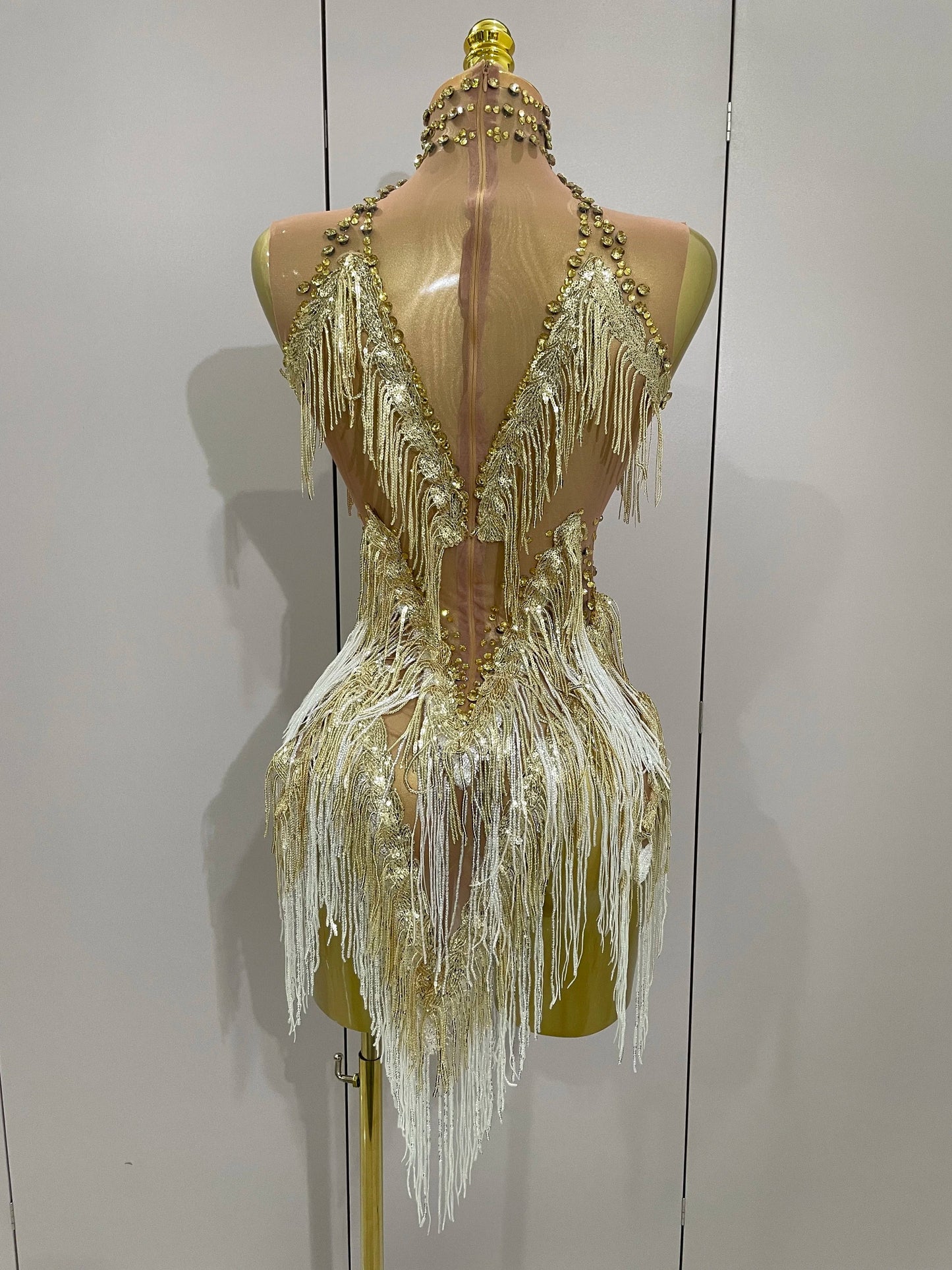 Women Sexy Stretch Mesh Sparkly Rhinestone Tassels Mini Dress Nightclub Singer Dance Stage Costume Evening Gowns