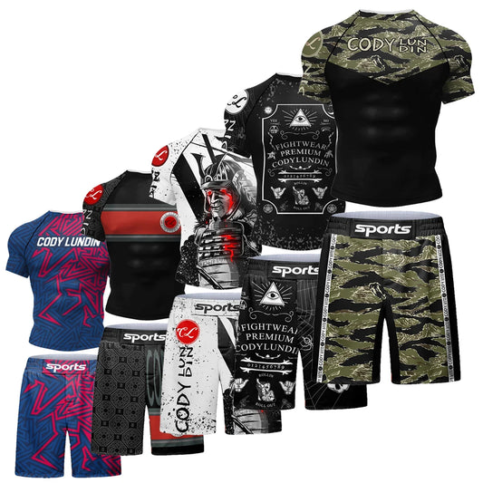 Popular Beach Surf Wear Short Sets For jiu jitsu Bjj No Gi Rashguard+Grappling Shorts Cool Westling stretchy Running Gym Clothes