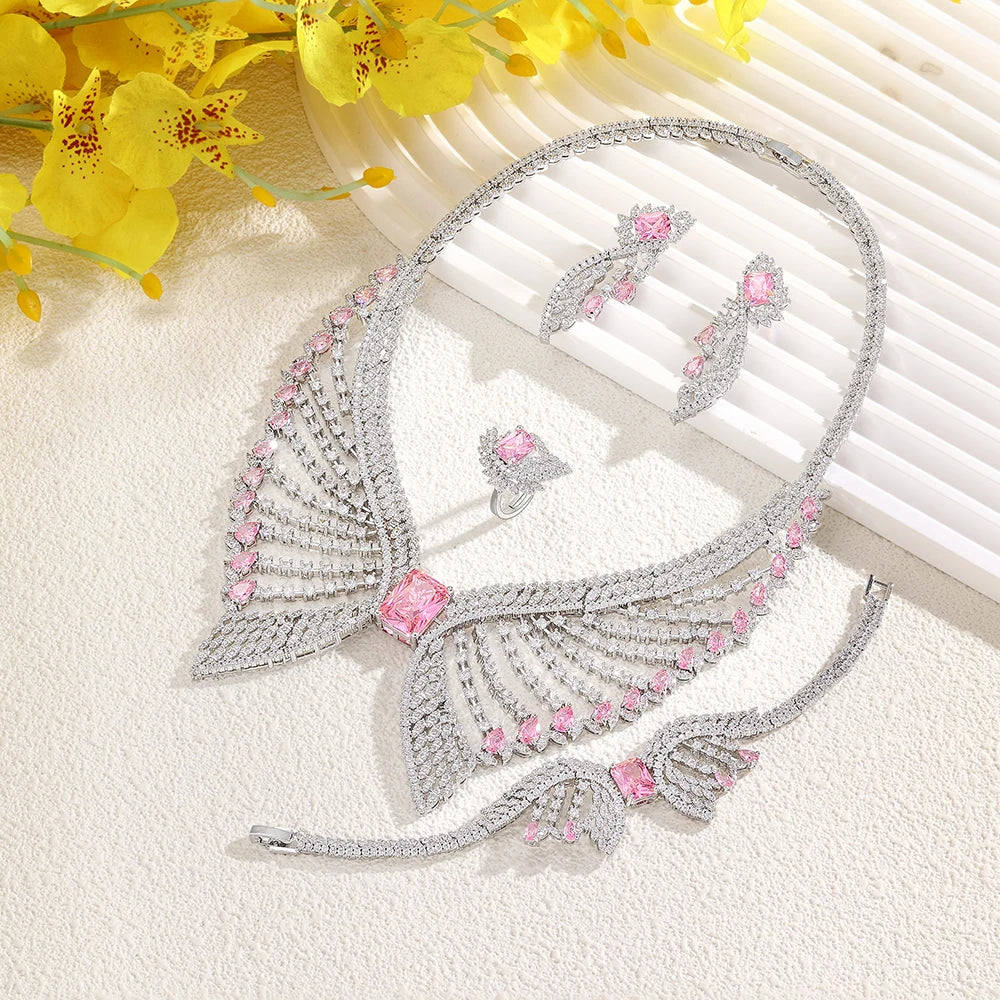 2025 Popular 4-piece Bridal Zirconia Full Set Women's Party Jewelry, Luxury Dubai Nigeria CZ Luxury Crystal Wedding Necklace Set