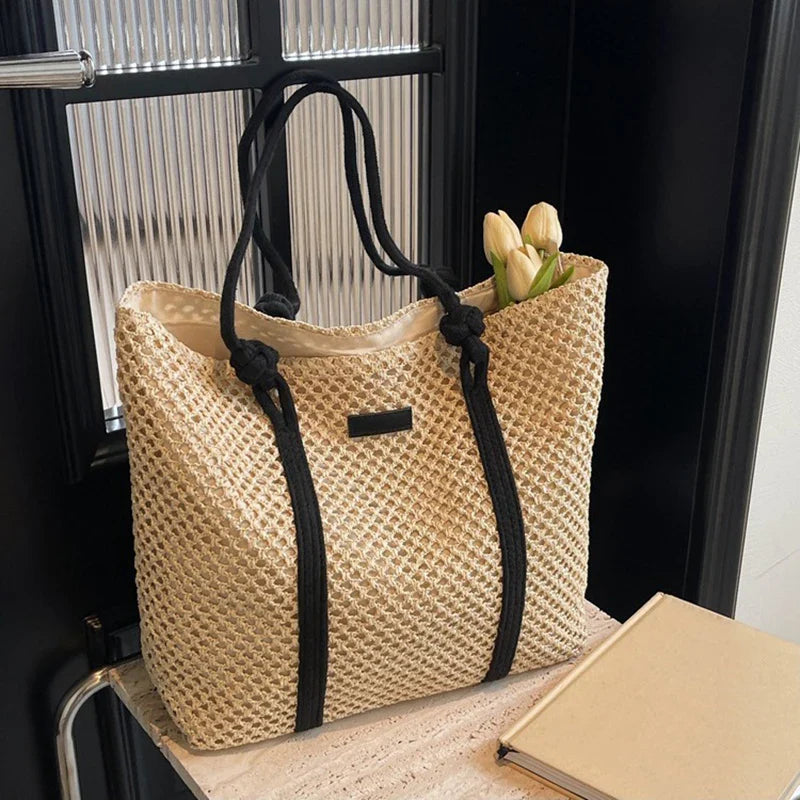 Bolsa Sacola de Palha Tecida de Verão Bolsa de Ombro Feminina Casual de Praia para Férias Bolsas Femininas de Grande Capacidade Cor Sólida