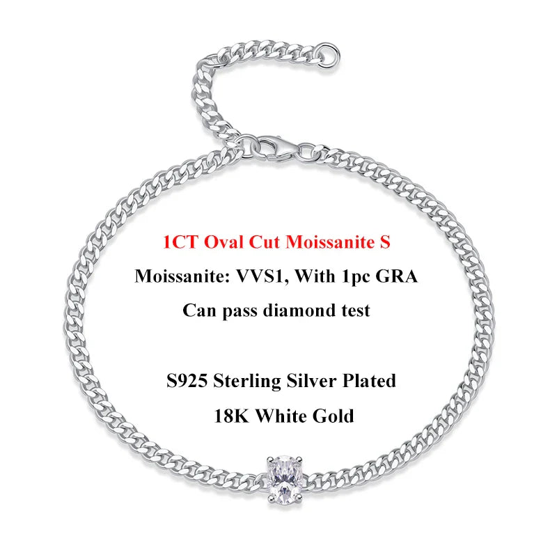 1CT Oval Cut D Color Moissanite Diamond Bracelet for Women 925 Silver Plated 18k Adjustable 16-21cm Cuban Link Bracelets