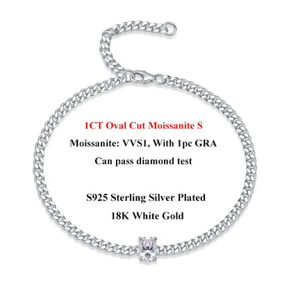 1CT Oval Cut D Color Moissanite Diamond Bracelet for Women 925 Silver Plated 18k Adjustable 16-21cm Cuban Link Bracelets