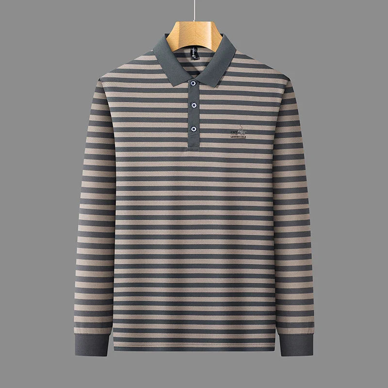 2025 new spring and autumn season new men's striped long sleeved T-shirt business casual lapel polo shirt base top
