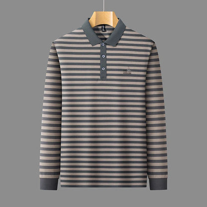 2025 new spring and autumn season new men's striped long sleeved T-shirt business casual lapel polo shirt base top
