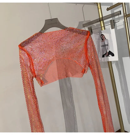 new sexy bright diamond short top Slim thin Ms. hot drill long-sleeved T-shirt sexy leak waist nightclub
