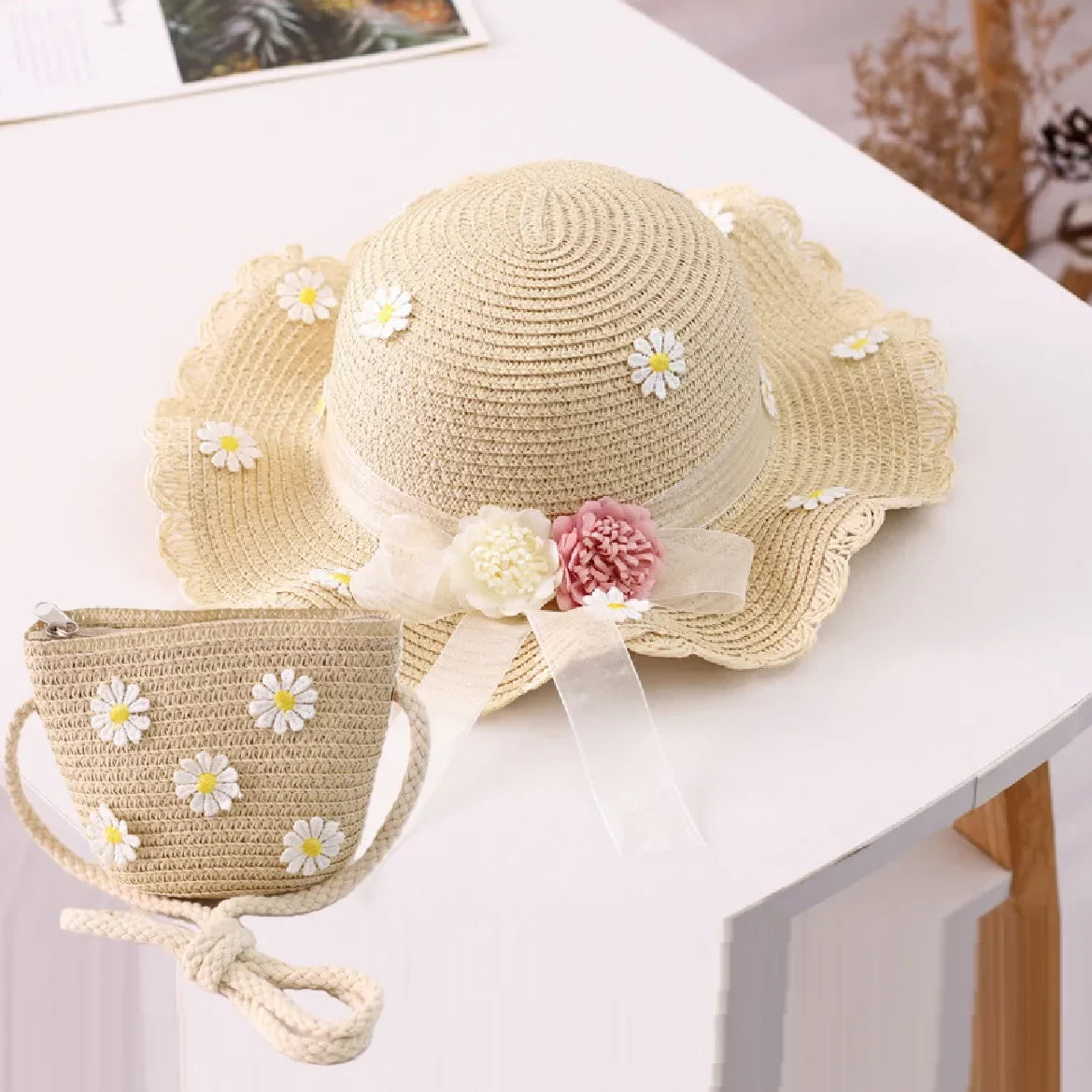 little girls summer straw sun hats and straw shoulder bags