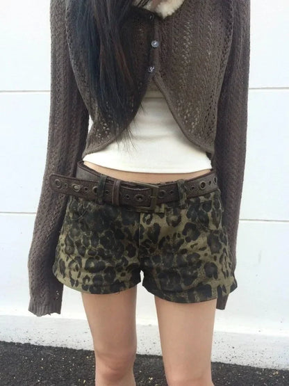 Sexy Leopard Printed Denim Shorts Women Vintage Y2k Low Waist Gyaru Streetwear Summer 2024 Chic Female Retro Short Jeans
