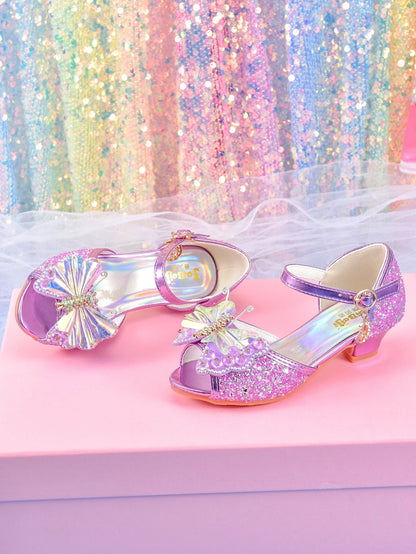 Women's girls' fashionable crystal bow high heels, student princess shoes