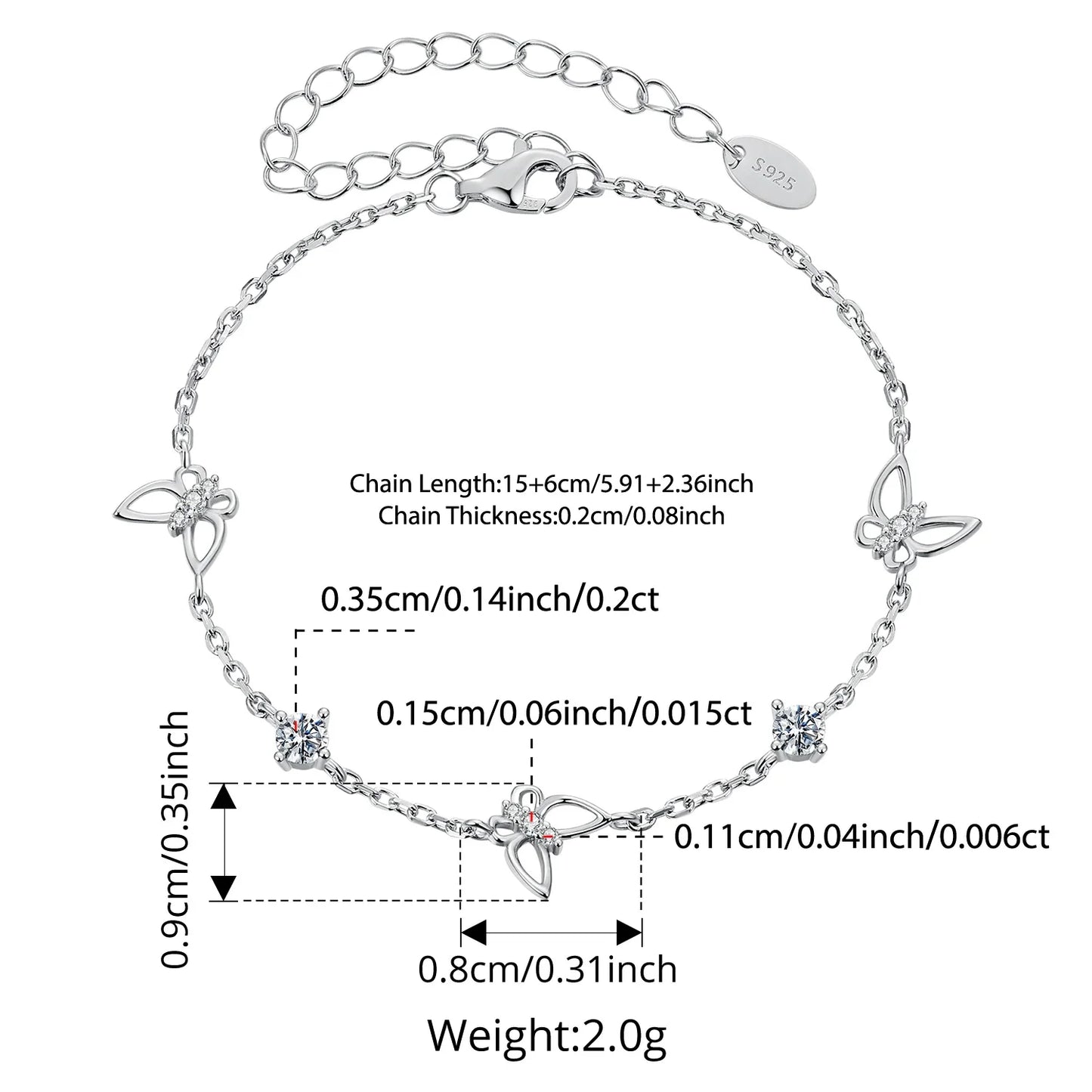 Moissanite Hollowed Butterfly Bracelet Adjustable 925 Sterling Silver Wrist Link Chain for Women Teen Romantic Gift