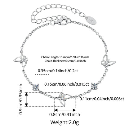 Moissanite Hollowed Butterfly Bracelet Adjustable 925 Sterling Silver Wrist Link Chain for Women Teen Romantic Gift