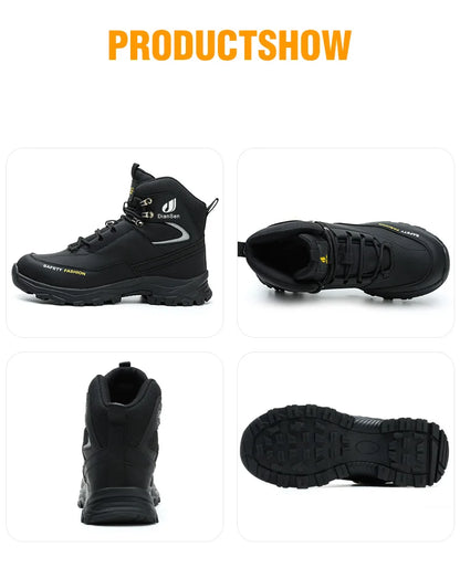 Men Work Boots Puncture-Proof Waterproof Work Shoes Steel Toe Safety Boots Industrial Indestructible Boots Side Leather Shoes