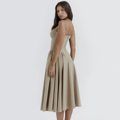 Women Elegant Sleeveless Backless Pleated Dresses Lady Sexy Solid Sling Midi Dress 2024 Female Party Evening A-line Robes