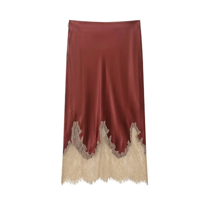 Women Lace Patchwork Midi Skirt Slim High Waist Satin Skirts Summer Trend Woman Elegant Evening Party Chic Skirts ﻿Mujer