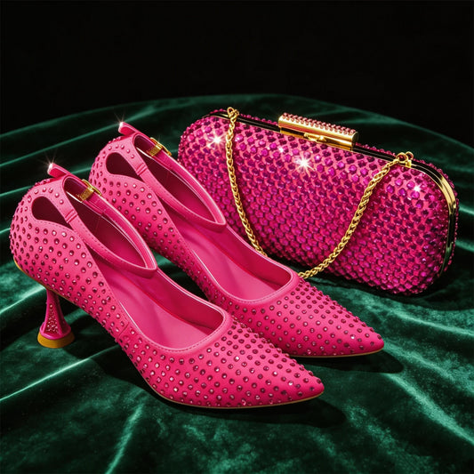Elegant Fuchsia Women's Heels & Handbag Set – Stunning Rhinestone-Embellished Shoes for Weddings and Special Events