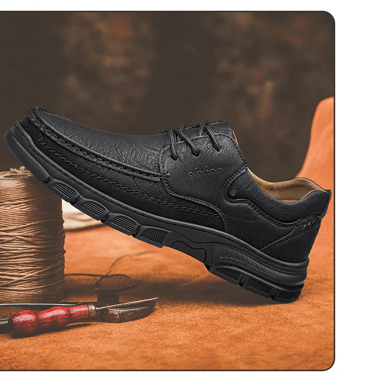 Men's Handmade Thick Rubber Bottom Breathable Casual Leather Shoes Classic Sewn Loafers Comfortable Leisure Footwear