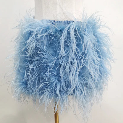 True ostrich feather Multicolor Mini Skirt Elastic Waist  Sexy Clothing Club Party Dance Rave Short Skirt Note select 3 colors