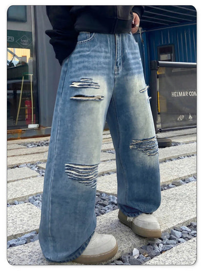 LIYS American Retro Blue Baggy Wide Leg Men's Jeans Four Seasons Street Straight Casual Ripped Denim Pants Youth Clothes Unisex