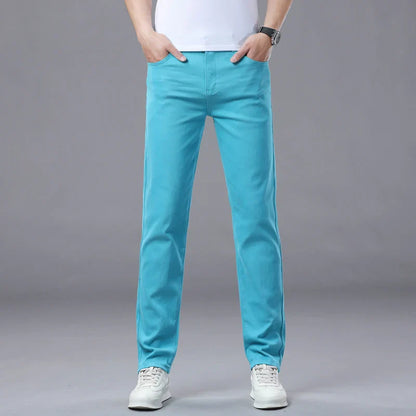 Straight Fashion Men's Jeans Solid Color Casual Business Stretch Washed Denim Trousers Breathable Streetwear Trendy Male Pants