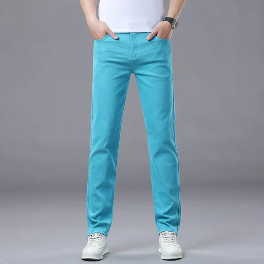 Straight Fashion Men's Jeans Solid Color Casual Business Stretch Washed Denim Trousers Breathable Streetwear Trendy Male Pants