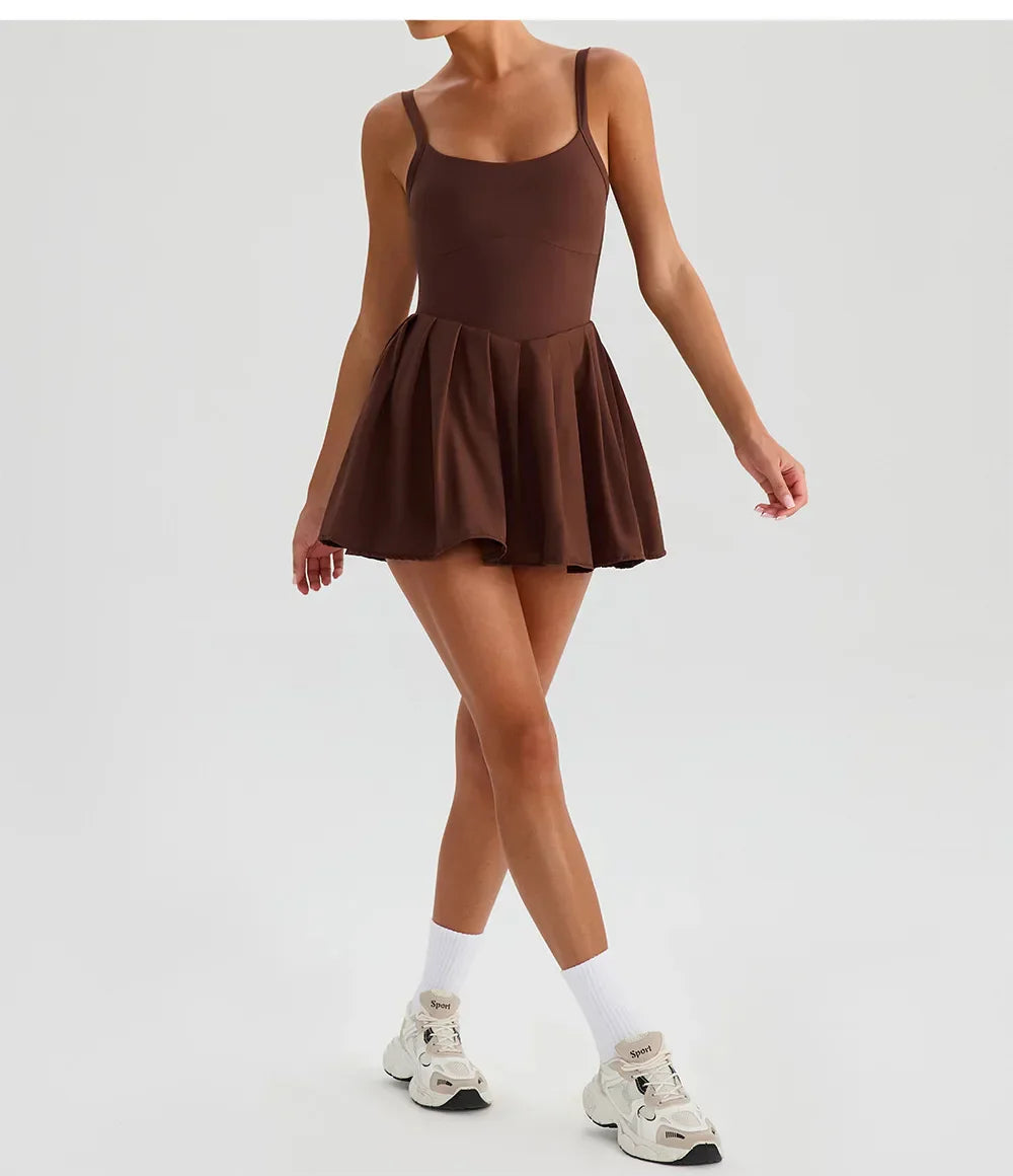 Women's Summer Sleeveless Sports Dress Breathable Tennis Dress One-Piece Mini Skirt Golf Skirts Jumpsuit With Pockets