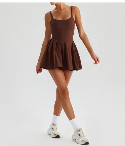 Women's Summer Sleeveless Sports Dress Breathable Tennis Dress One-Piece Mini Skirt Golf Skirts Jumpsuit With Pockets